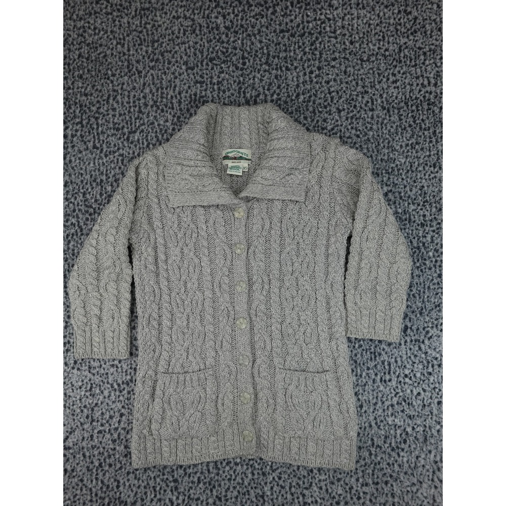 Aran Crafts Cardigan Women XS Grey 100% Merino Wool Cable Knit Irish Sweater